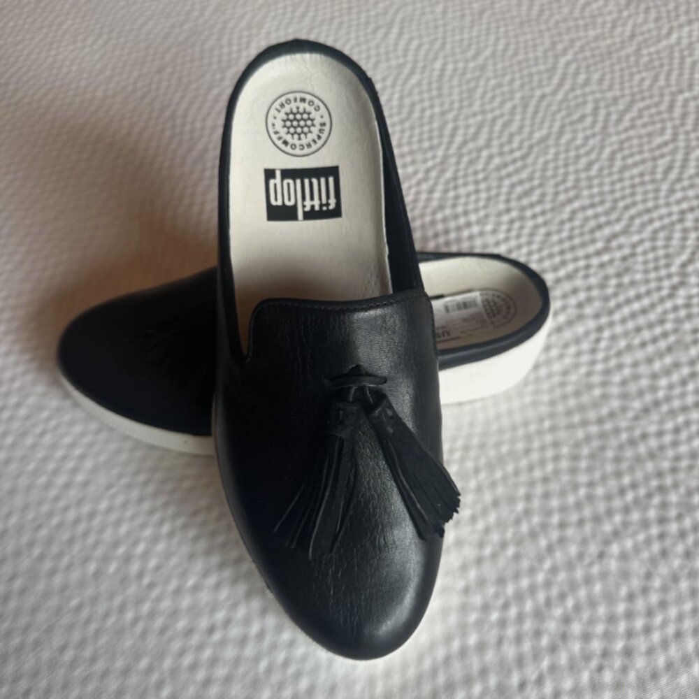 FitFlop Superskate Slip Ons Mules Women's 5 Black Leather Tassel Loafer Flats